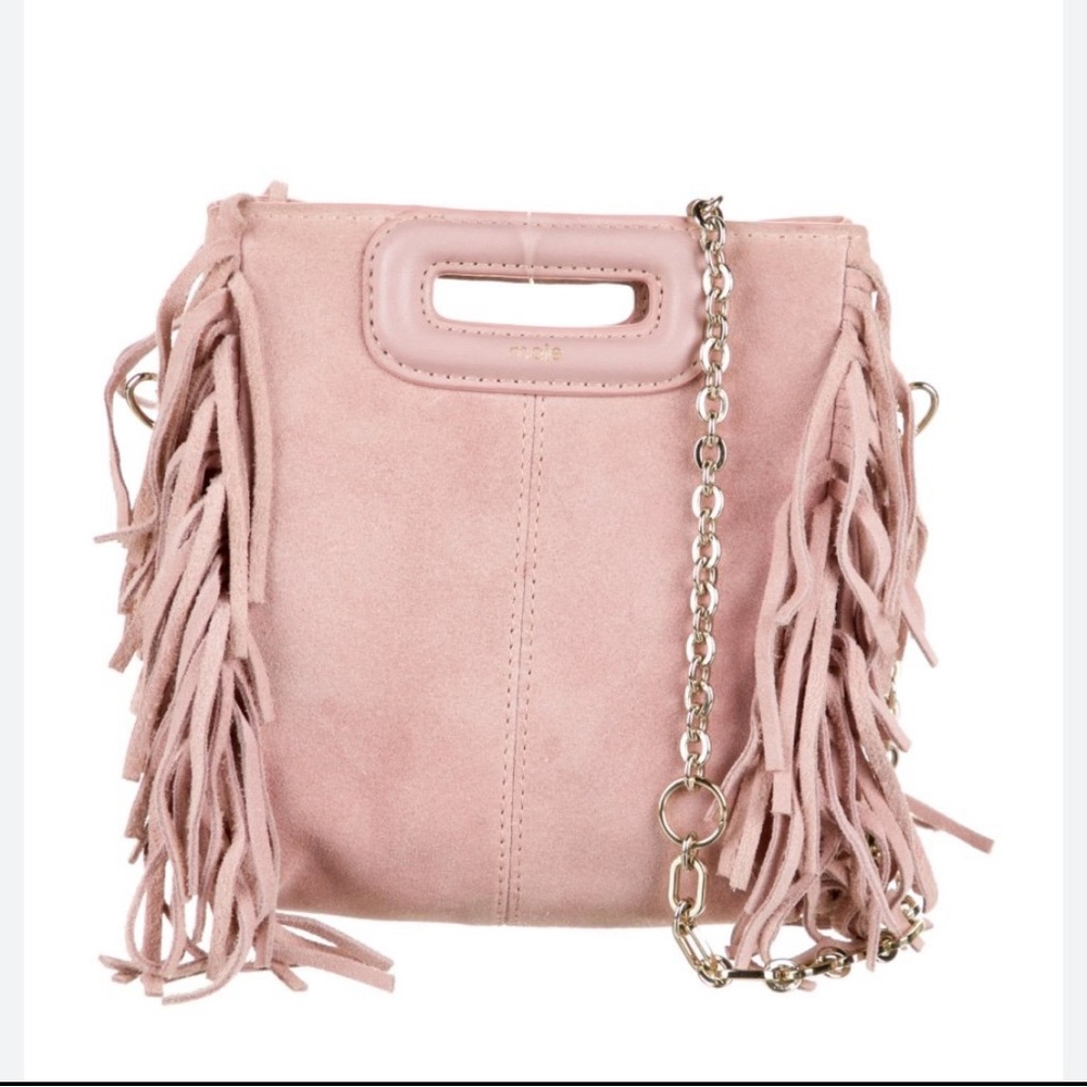 Maje Pink Suede Fringe Crossbody Bag with Chain Strap